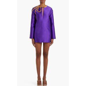 VALENTINO GARAVANI Sequin Bow Long-Sleeve Silk Duchesse Mini Shift Dress